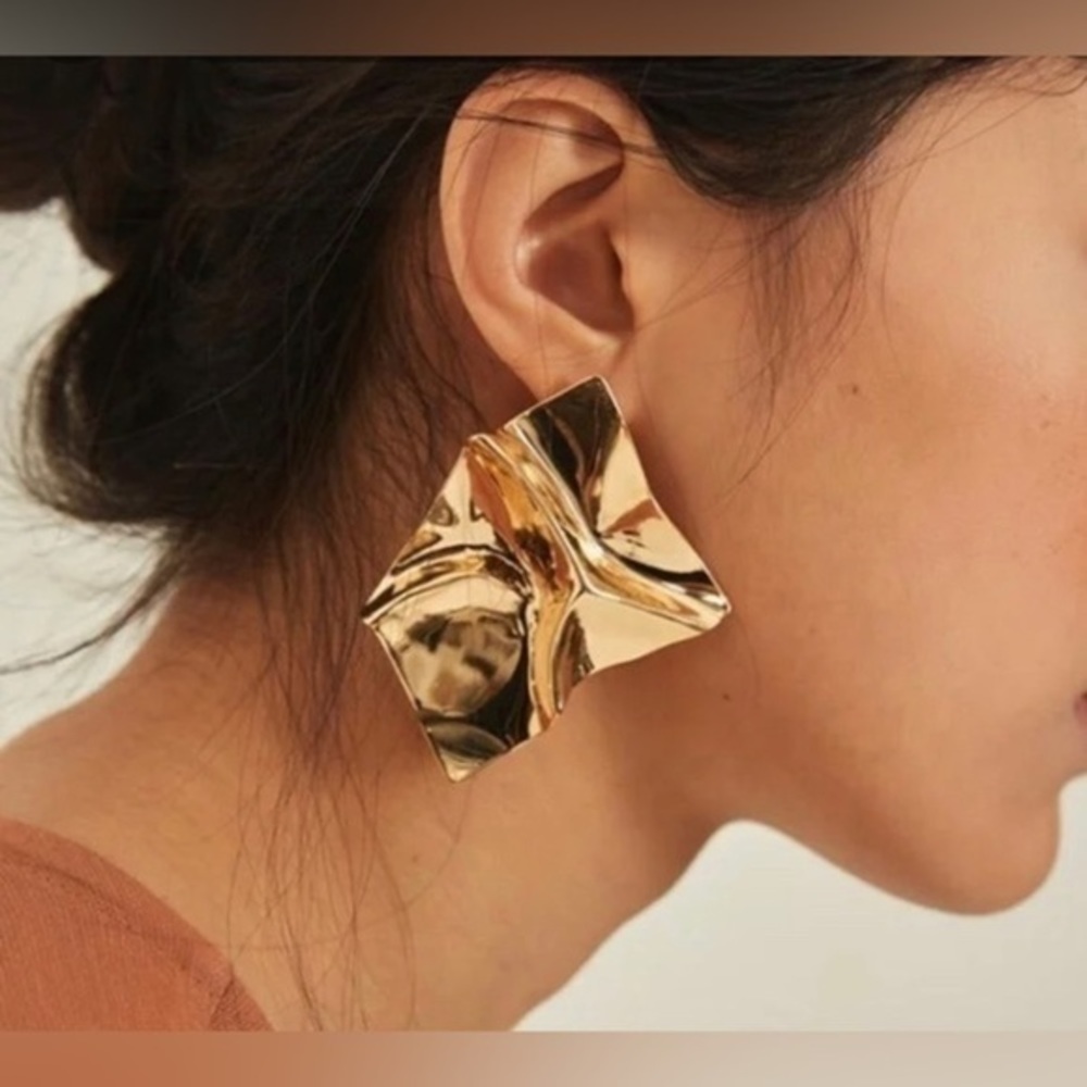 Gold Irregular Square Metal Stud Earrings